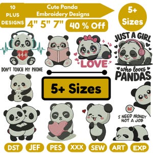 May include: A collection of cute panda embroidery designs. The designs include pandas with headphones, reading books, holding hearts, and more. The image also includes text that says "Cute Panda Embroidery Designs", "5+ Sizes", and "40% Off".