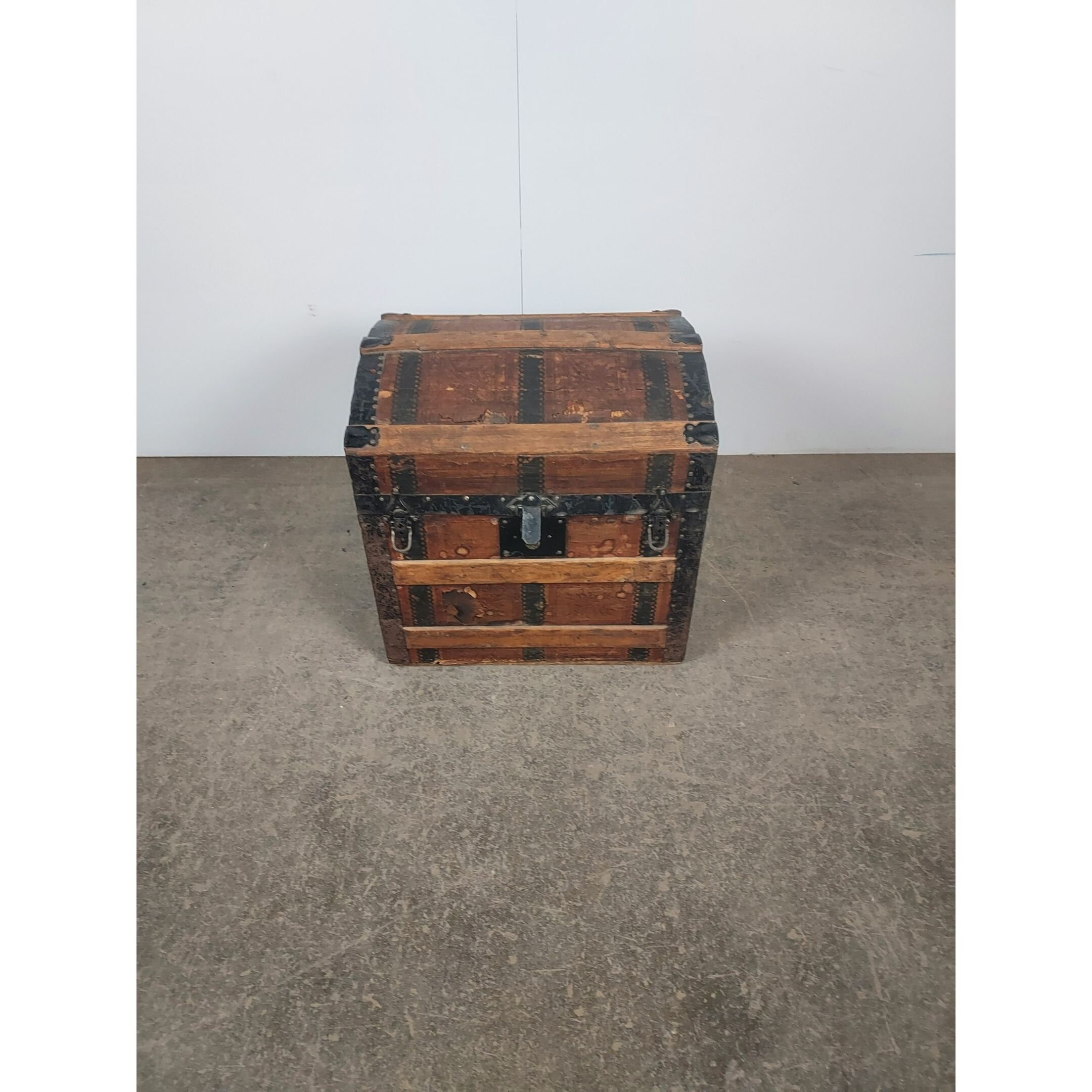 rare antique 19th century leather wood nickel child's travel suitcase trunk  1800