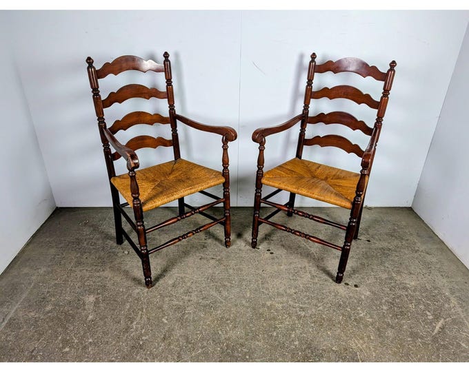 Pair Of 1940,s Rush Seat Ladder Back Arm Chairs # 197764 Shipping is not a 1.00 Shipping is not free please contact us before purchase