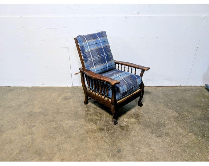 1920,s Oak Morris Chair With New Upholstery # 201542 Shipping is not a 1.00 Shipping is not free please contact us before purchase Thanks