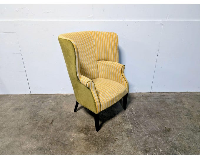 1940,s Green Velvet And Yellow Stripe Wingback Lounge Chair # 199554 Shipping is not a 1.00 Shipping is not free please contact us