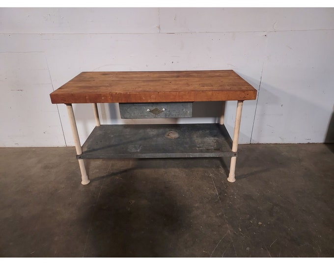 1930,s Butcher Block Table On Metal Base # 194208 Shipping is not free please conatct us before purchase Thanks