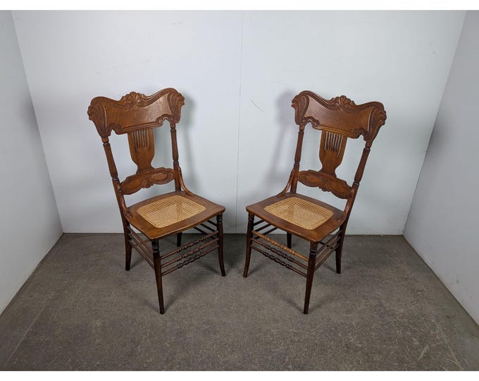 Pair Of 1900,s Oak Carved And Caned Chairs # 196062 Shipping is not a 1.00 Shipping is not free please contact us before purchase Thanks