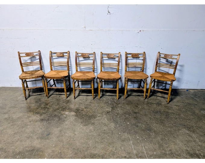 Set Of Six 1830,s Paint Decorated Rush Seat Chairs # 198319 Shipping is not a 1.00 Shipping is not free please contact us before purchase