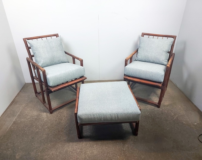 Pair Of Nice Scale Rattan Chairs And Ottoman / Table # 191746 Shipping is not free please contact us before purchase Thanks