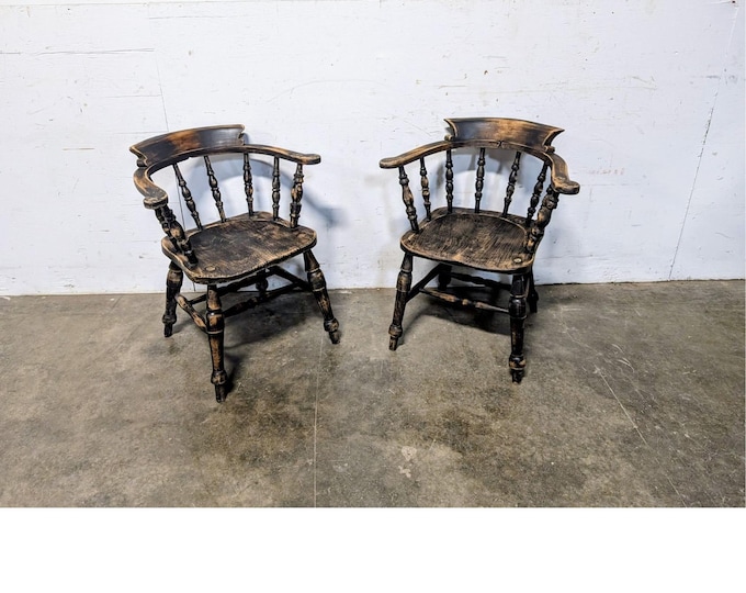 Pair Of 1940,s Distressed Oak Tavern Arm Chairs # 198698 Shipping is not a 1.00 Shipping is not free please contact us before purchase