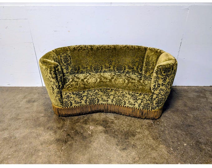 1940,s Green Cut Velvet Curved Settee # 200581 Shipping is not a 1.00 Shipping is not free please contact us before purchase Thanks