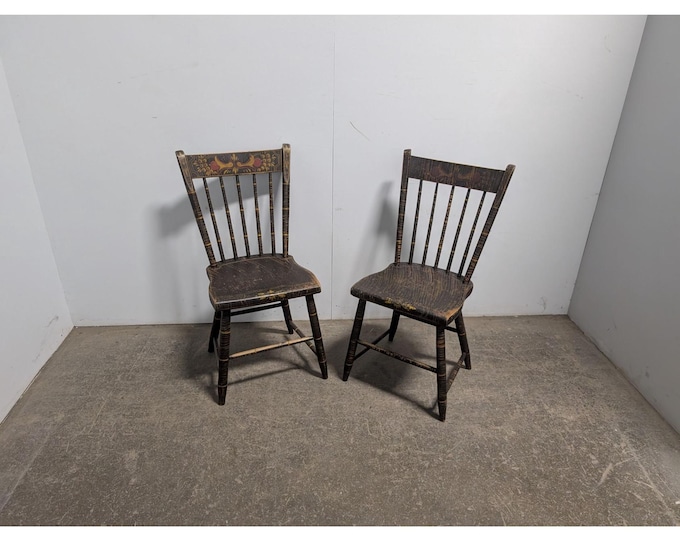 Pair Of 1840,s Paint Decorated Spindle Back Chairs # 198296 Shipping is not a 1.00 Shipping is not free please contact us before purchase