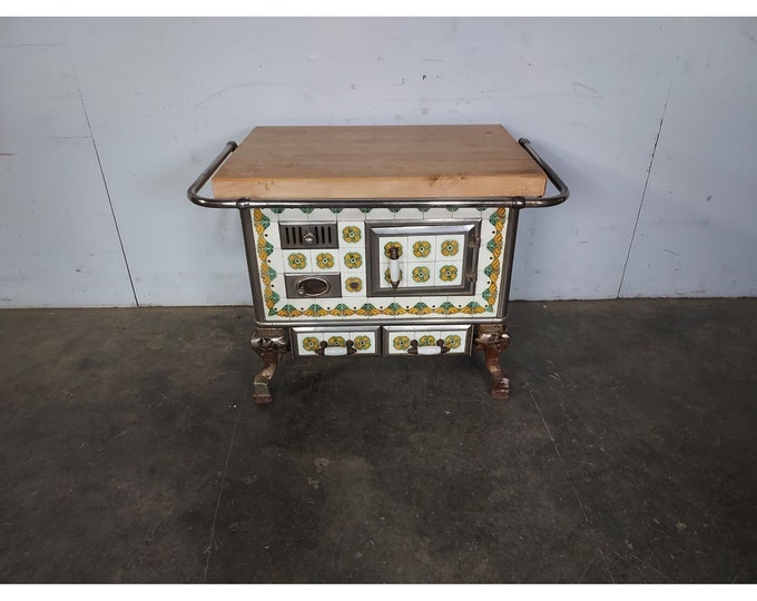 1800,s Cookstove With Majolica Tile And Butcher Block Top # 194408 Shipping is not free please conatct us before purchase Thanks
