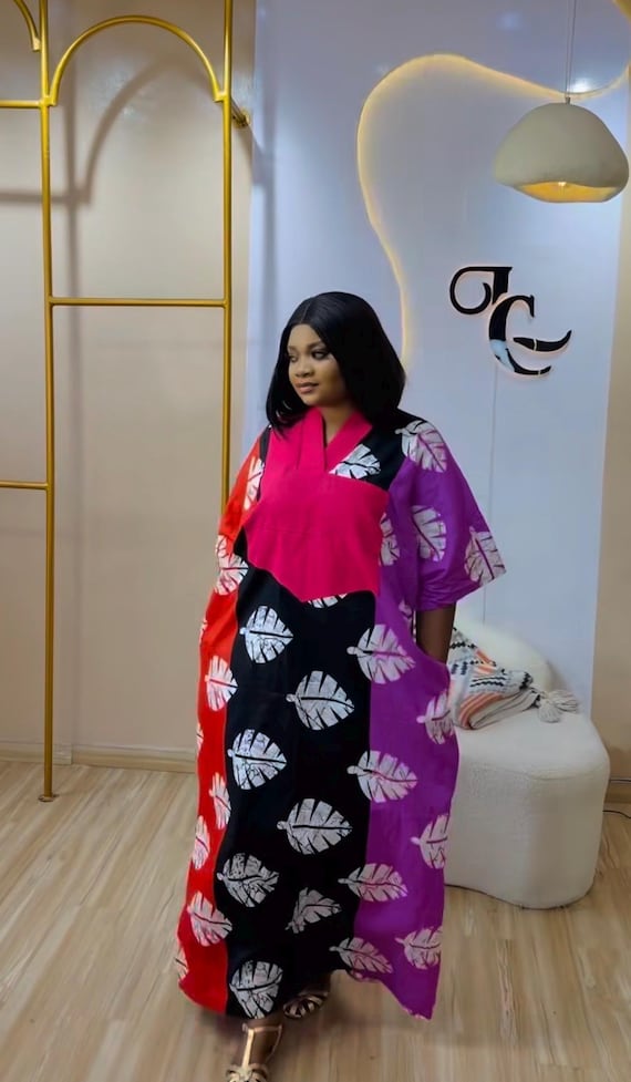 Ankara Adire Kaftan Dress: African Boubou dress + Aso Oke - Loose Fit Maxi