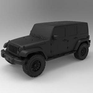 Pode incluir: Um SUV preto fosco com pneus grandes para todo-o-terreno. O veículo tem um para-choque dianteiro, estribos laterais e uma grade de tejadilho. A imagem é uma foto de estúdio do veículo contra um fundo neutro. O SUV é um modelo de quatro portas.