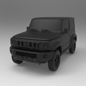 Könnte beinhalten: Ein mattschwarzer SUV mit kantigem Design. Das Fahrzeug hat einen markanten Frontgrill, runde Scheinwerfer und robuste Reifen. Das Bild ist eine Studioaufnahme mit neutralem Hintergrund, die die Details des Autos hervorhebt.