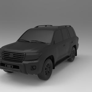 May include: A matte black SUV with a roof rack, front grill, and side steps. The vehicle has black wheels and tinted windows. The image is a 3D render of a car.