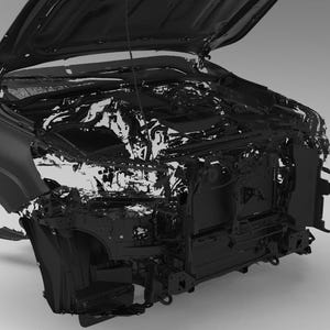 May include: A grayscale image of a car with the hood open, revealing the engine and internal components. The car's front end is visible, showcasing the frame and various parts. The image has a 3D render appearance.