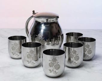 Juego de agua de acero inoxidable grabado a láser (jarra y vasos) - Regalo floral ecológico hecho a mano