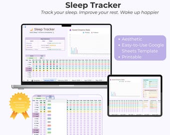 Digitaler Schlaf-Tracker für Google Sheets | Bearbeitbares Schlaf-tagebuch und Stimmungsdiagramm | Druckbare Vorlage