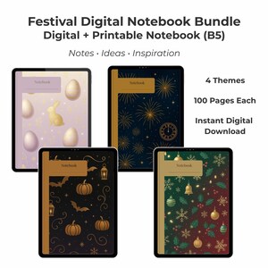 May include: A digital notebook bundle with four themes: Easter, fireworks, Halloween, and Christmas. Each notebook has 100 pages and is available for instant download. The notebooks are designed for notes, ideas, and inspiration.