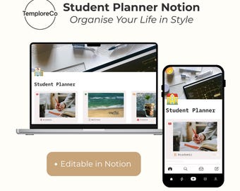 Może przedstawiać: Laptop i smartfon wyświetlają interfejs planera dla studentów. Laptop pokazuje planer z sekcjami dla akademików, dobrego samopoczucia i finansów. Telefon odzwierciedla planer, ze szczególnym uwzględnieniem sekcji akademickiej. Tekst: "Student Planner Notion".