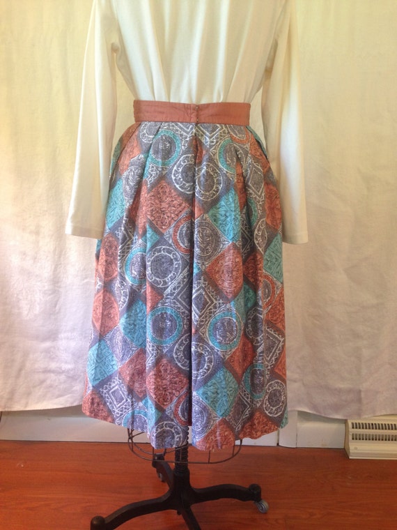 Turquoise & Orange Pleated Skirt / Small - Medium… - image 2