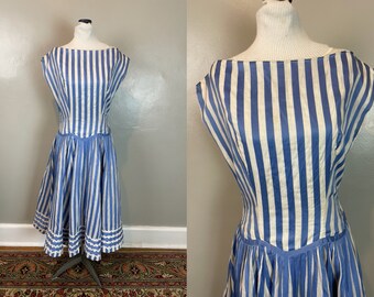 Blue & White Striped German Drop Waist Dress / 50’s / small