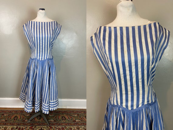 Blue & White Striped German Drop Waist Dress / 50… - image 1