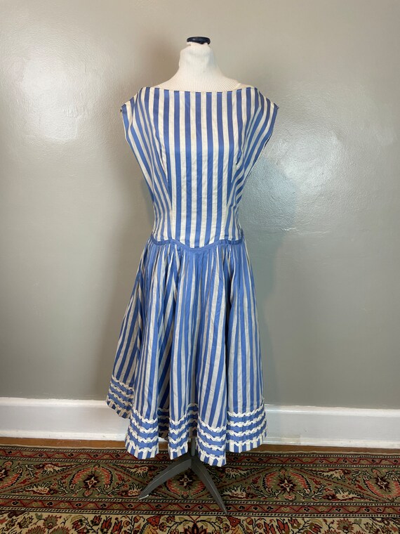 Blue & White Striped German Drop Waist Dress / 50… - image 2