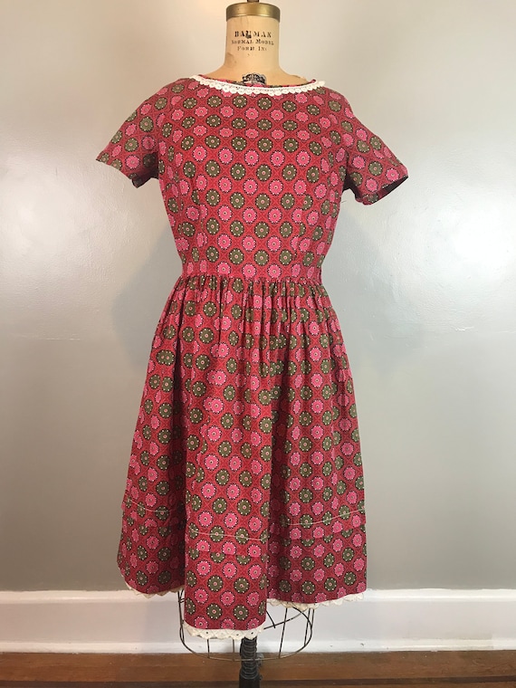 Handmade Square Dance Style Red Print Dress / 50s… - image 3