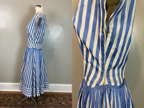 Blue & White Striped German Drop Waist Dress / 50… - image 4