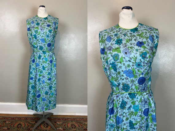Sleeveless Silk Blue Floral Print Dress / 50's - … - image 1