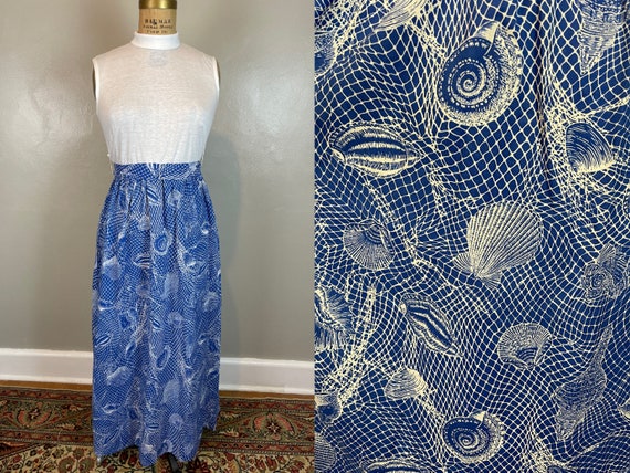 Blue & White Sleeveless Seashell Maxi Dress / 197… - image 1