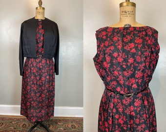 Red & Black Floral Dress and Jacket Set / 50’s / medium - large