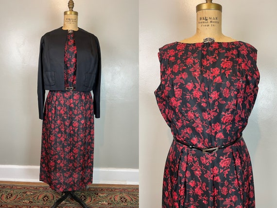 Red & Black Floral Dress and Jacket Set / 50’s / … - image 1