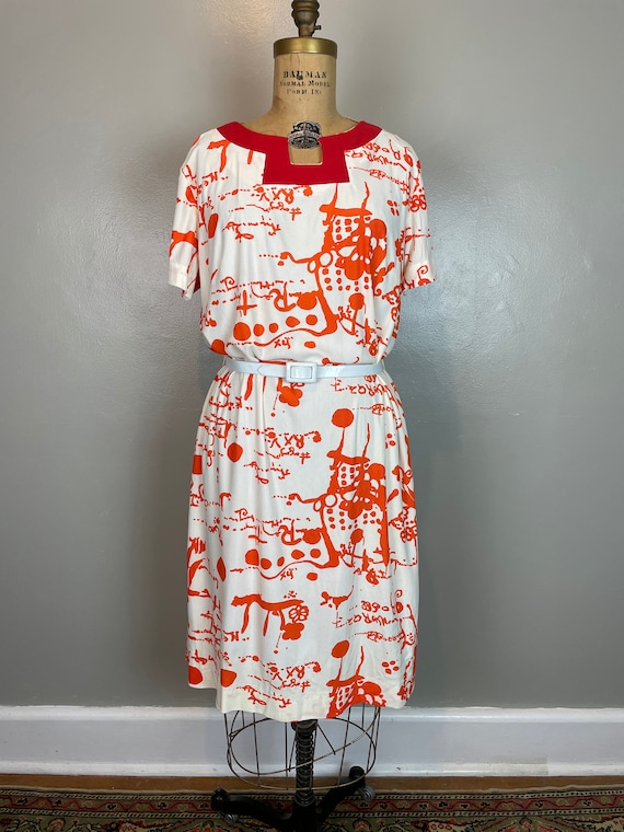 Orange & White Jersey Abstract Print Dress / 60's… - image 2