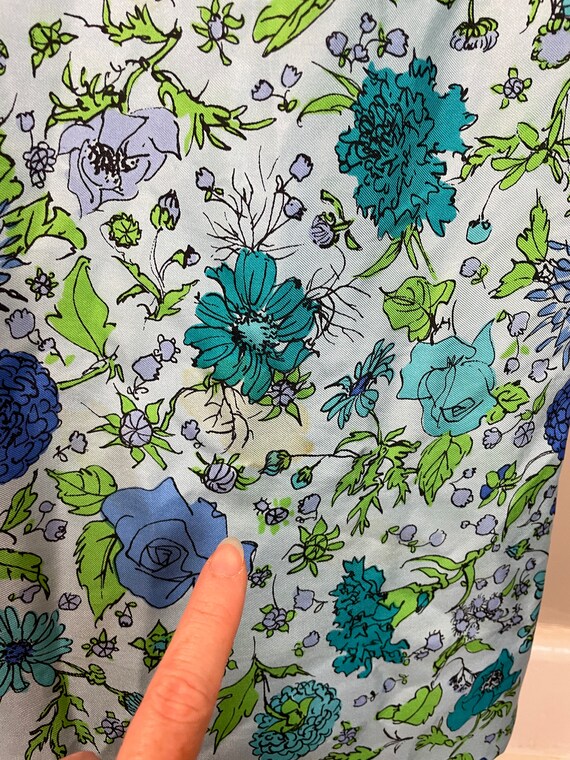 Sleeveless Silk Blue Floral Print Dress / 50's - … - image 7