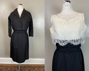 Black & White Lace Cocktail Dress w/ Jacket / 1960s / xs - small / evening work business party womens suit