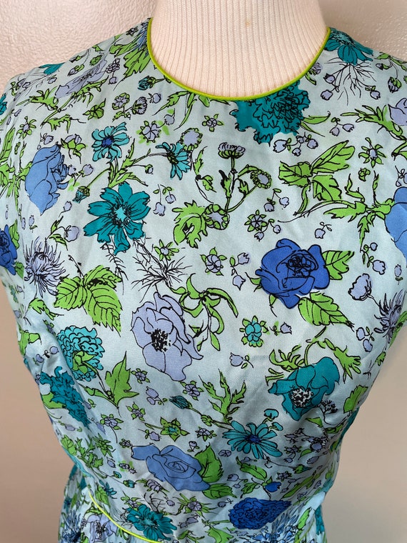Sleeveless Silk Blue Floral Print Dress / 50's - … - image 2