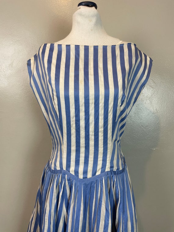 Blue & White Striped German Drop Waist Dress / 50… - image 3