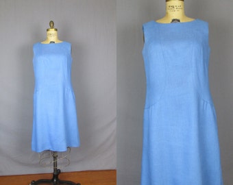 Sky Blue Sleeveless Shift Dress / 60's / large / sundress spring womens baby blue