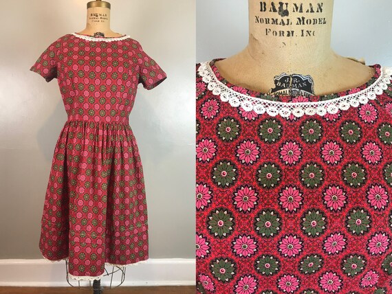 Handmade Square Dance Style Red Print Dress / 50s… - image 1