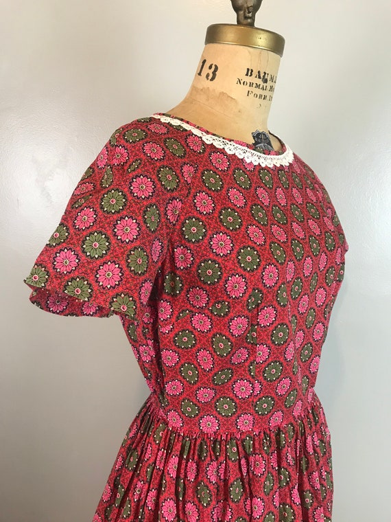 Handmade Square Dance Style Red Print Dress / 50s… - image 9