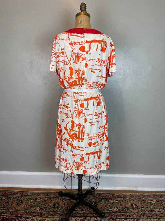 Orange & White Jersey Abstract Print Dress / 60's… - image 5