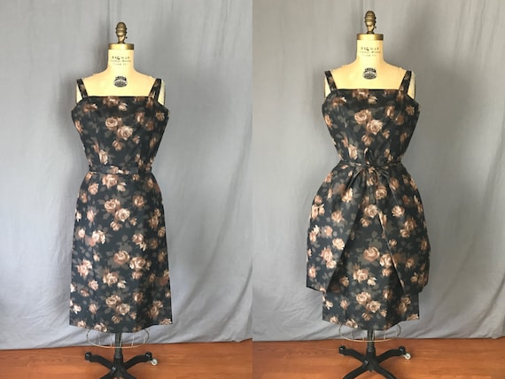 Brown Flowered Wiggle Dress w/ Overskirt & Belt /