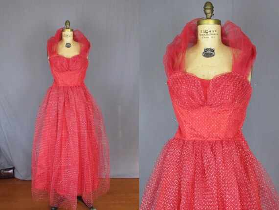 Red & Gold Tulle Party Dress / 50's / small