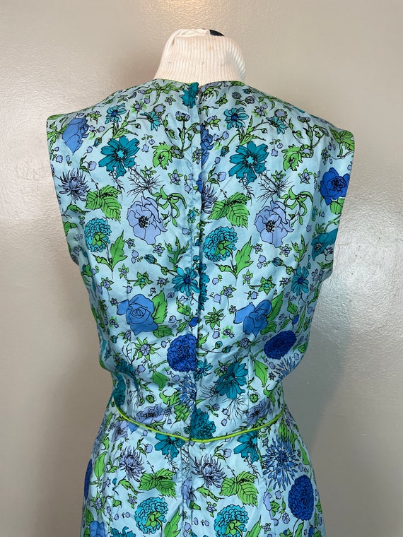 Sleeveless Silk Blue Floral Print Dress / 50's - … - image 4