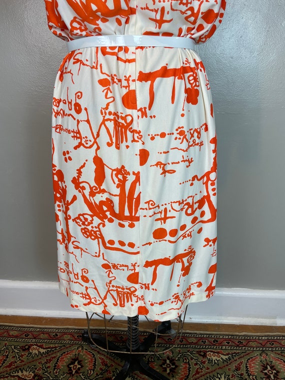 Orange & White Jersey Abstract Print Dress / 60's… - image 7