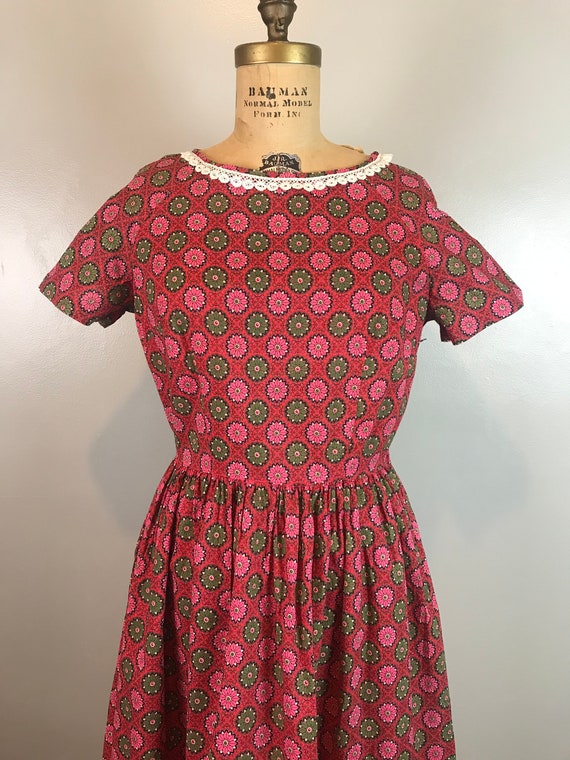 Handmade Square Dance Style Red Print Dress / 50s… - image 4