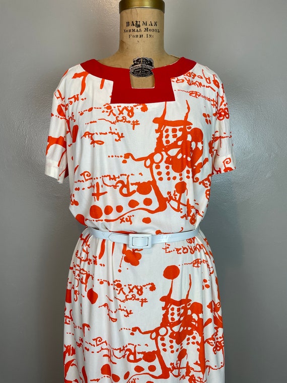 Orange & White Jersey Abstract Print Dress / 60's… - image 3