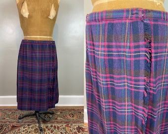Purple Plaid Wool Wrap Skirt / 90's / medium - large - xl
