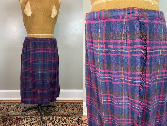 Purple Plaid Wool Wrap Skirt / 90's / medium - la… - image 1