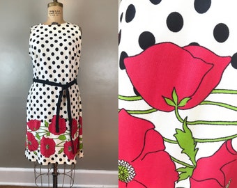 Sleeveless Polka Dot Dress with Poppy Print / 60's / medium / print pattern jersey